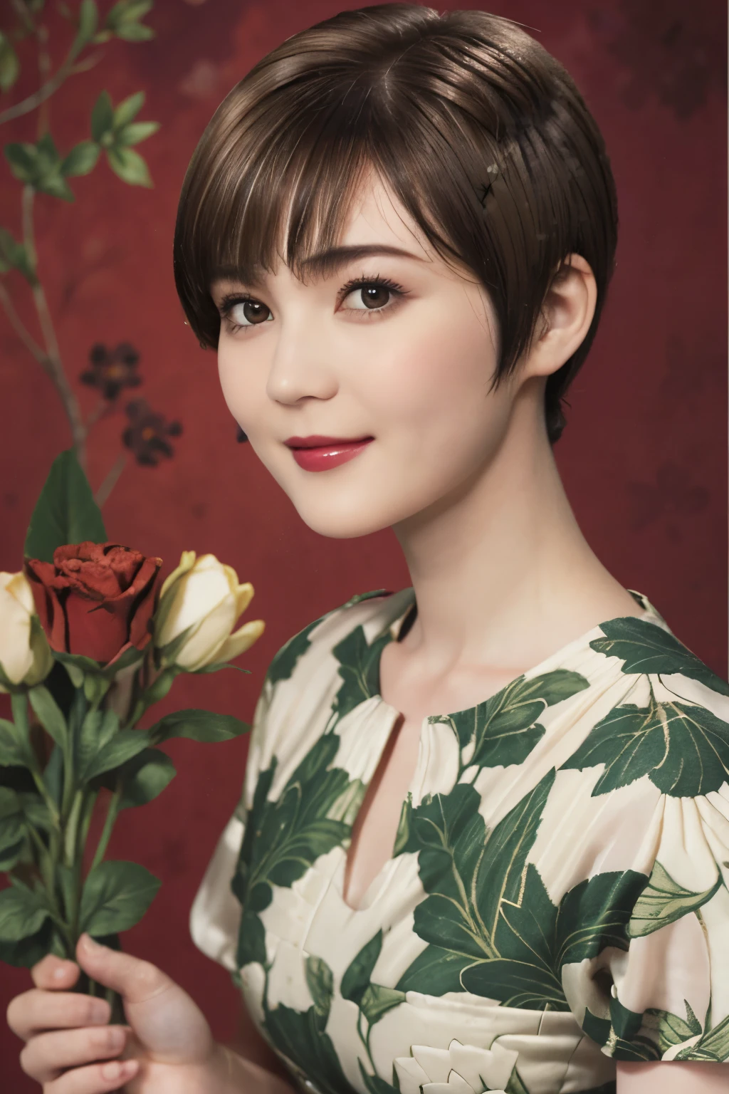 152
(20 year old woman,floral pattern dress), (Super realistic), (high resolution), ((beautiful hairstyle 46)), ((short hair:1.46)), (gentle smile), (brest:1.1), (lipstick)
