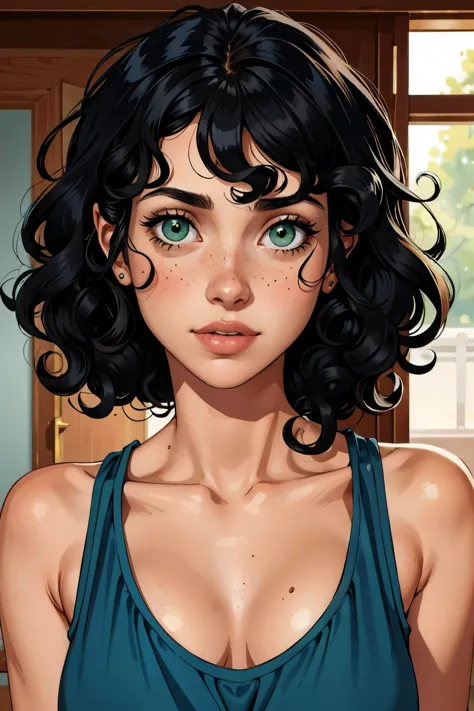 one girl, slim face, innocent face, black curly hair, curly bangs, green eyes, pecas, palid skin, blue top, retrato