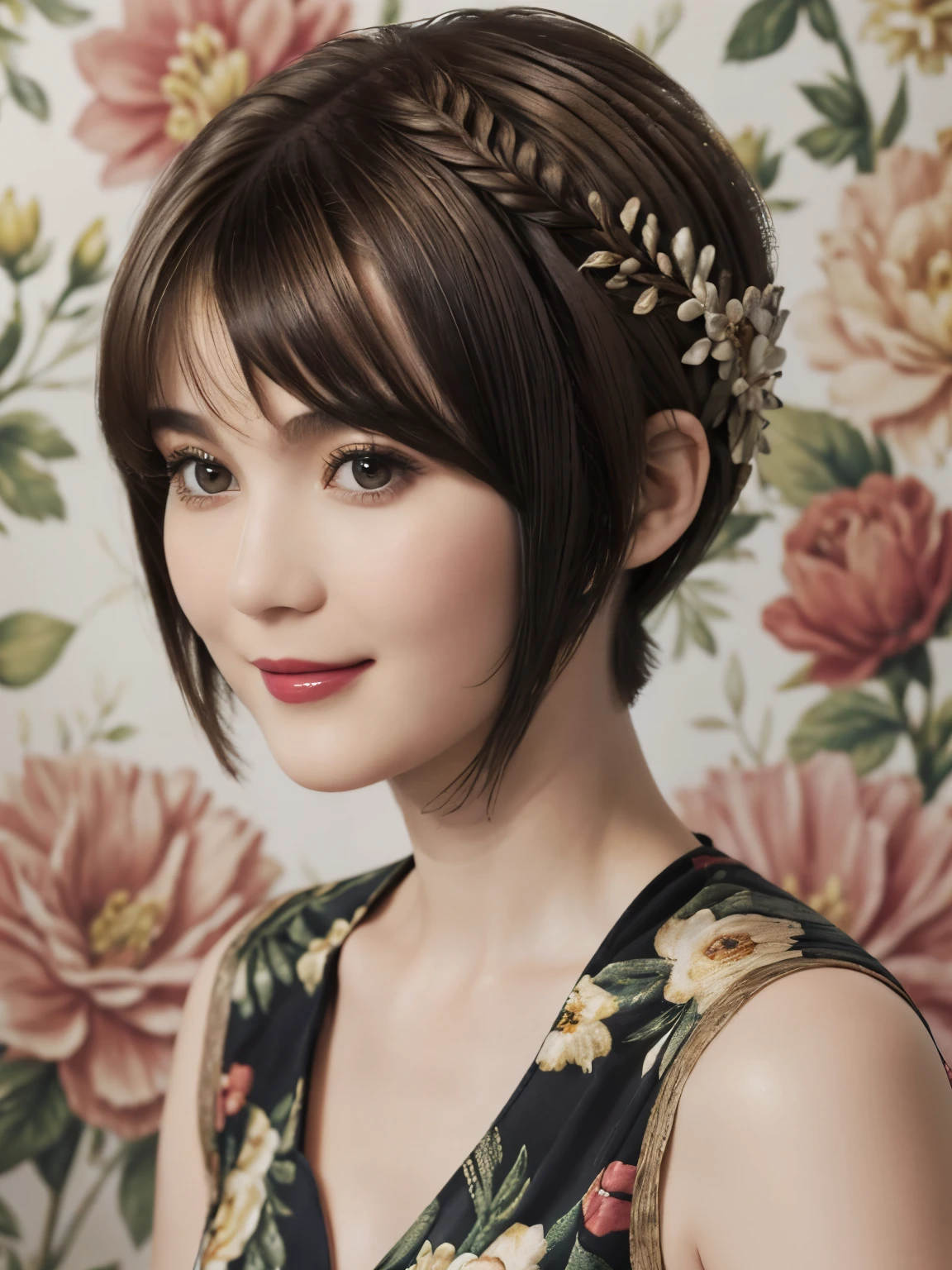 152
(20 year old woman,floral pattern dress), (Super realistic), (high resolution), ((beautiful hairstyle 46)), ((short hair:1.46)), (gentle smile), (brest:1.1), (lipstick)
