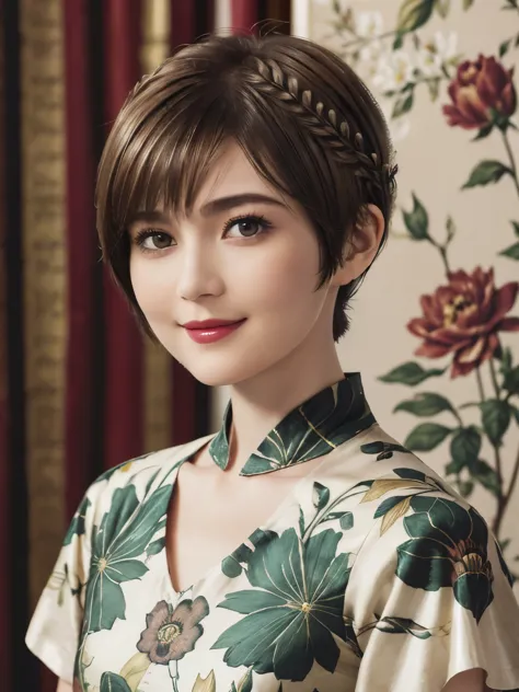 152
(20 year old woman,floral pattern dress), (Super realistic), (high resolution), ((beautiful hairstyle 46)), ((short hair:1.4...