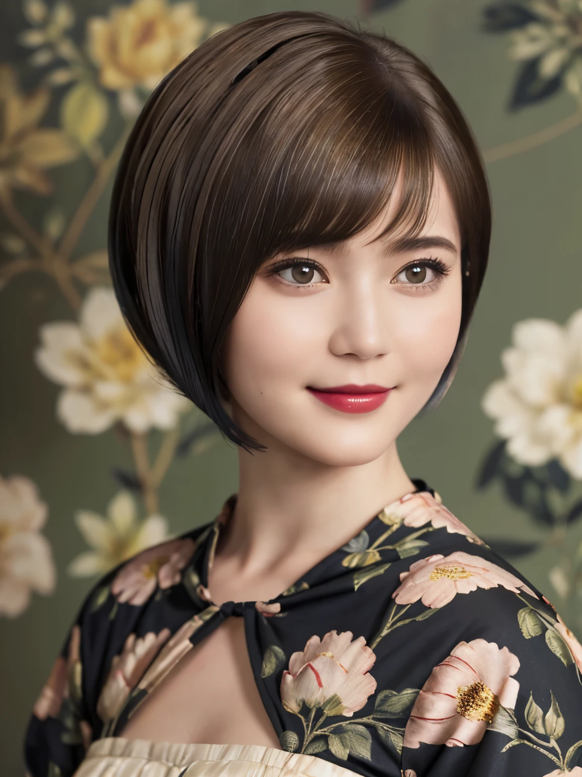 152
(20 year old woman,floral pattern dress), (Super realistic), (high resolution), ((beautiful hairstyle 46)), ((short hair:1.46)), (gentle smile), (brest:1.1), (lipstick)
