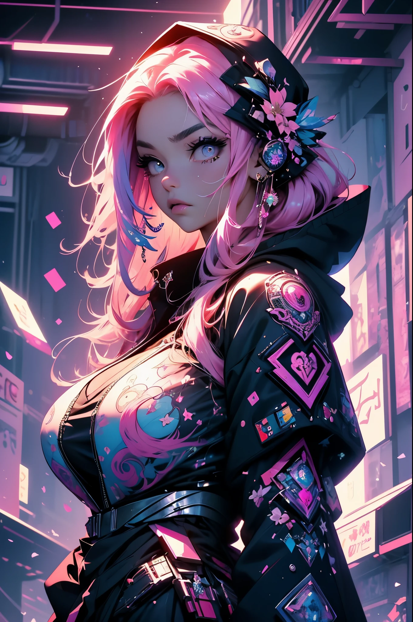 (masterpiece, top quality, best quality, official art, beautiful, cosmic, atmospheric, psychedelic, dreamlike and aesthetic, the most beautiful and highly detailed Harajuku-inspired hooded cyberpunk battle armor, super huge enormously gigantic , tons of tattoos and piercings:1.2), (1girl, pink hair), extreme detailed,(fractal art:1.3),colorful,highest detailed, cherry blossoms blowing in the wind 