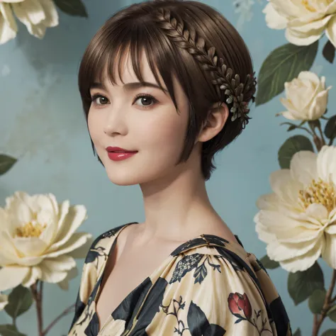 152
(20 year old woman,floral pattern dress), (Super realistic), (high resolution), ((beautiful hairstyle 46)), ((short hair:1.4...