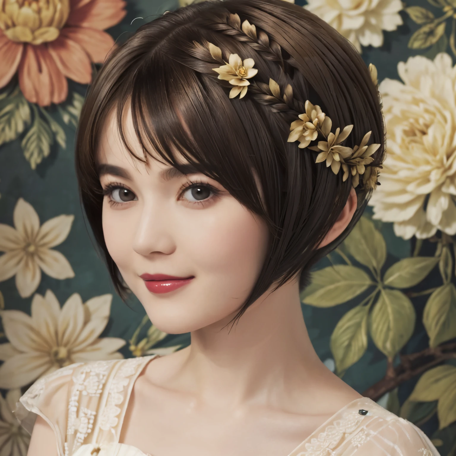 152
(20 year old woman,floral pattern dress), (Super realistic), (high resolution), ((beautiful hairstyle 46)), ((short hair:1.46)), (gentle smile), (brest:1.1), (lipstick)
