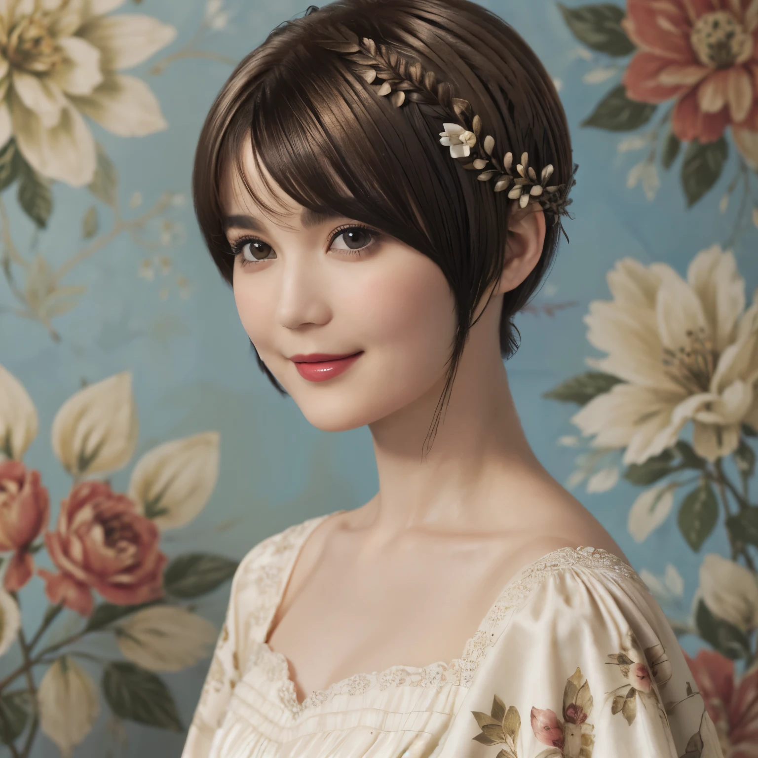 152
(20 year old woman,floral pattern dress), (Super realistic), (high resolution), ((beautiful hairstyle 46)), ((short hair:1.46)), (gentle smile), (brest:1.1), (lipstick)
