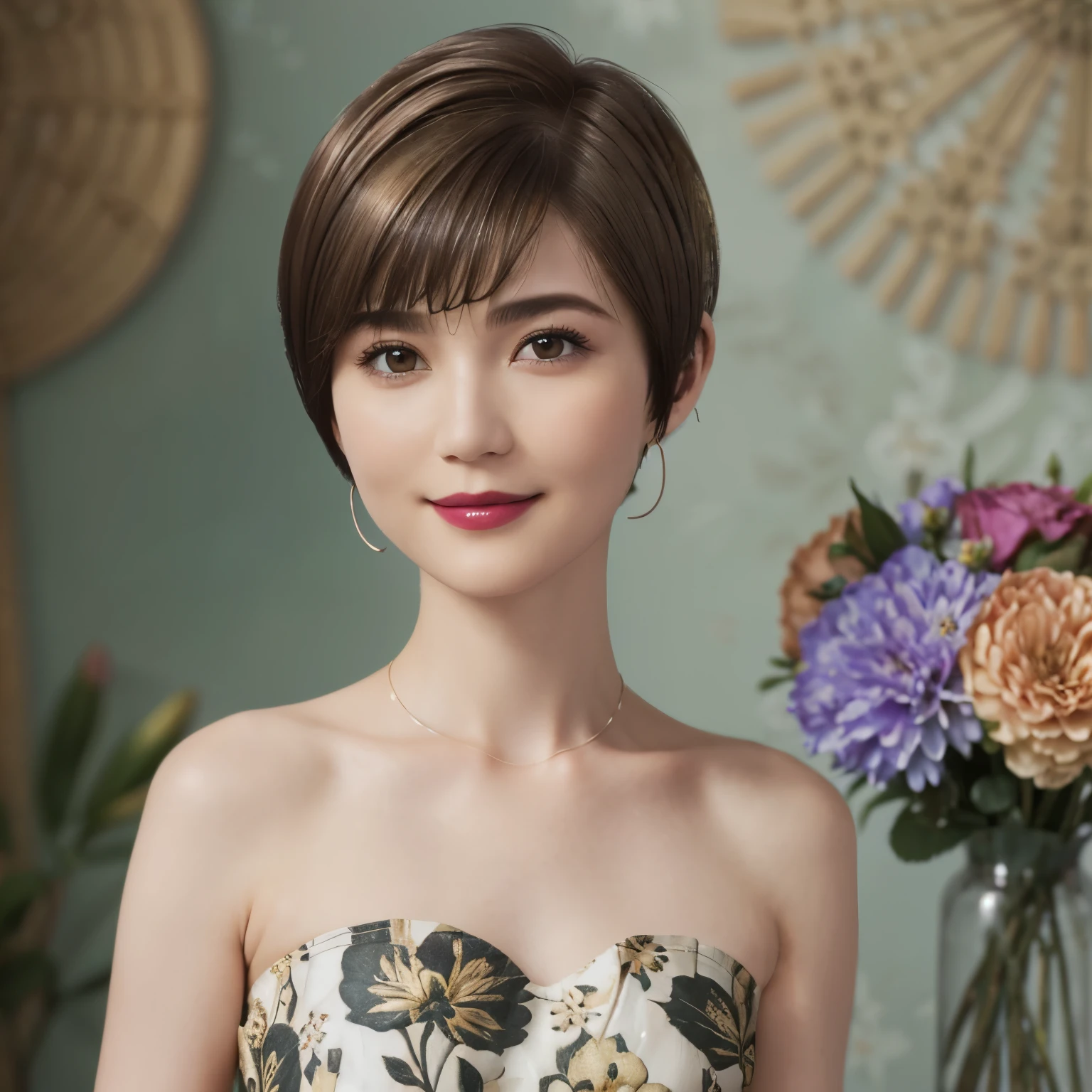 152
(20 year old woman,floral pattern dress), (Super realistic), (high resolution), ((beautiful hairstyle 46)), ((short hair:1.46)), (gentle smile), (brest:1.1), (lipstick)
