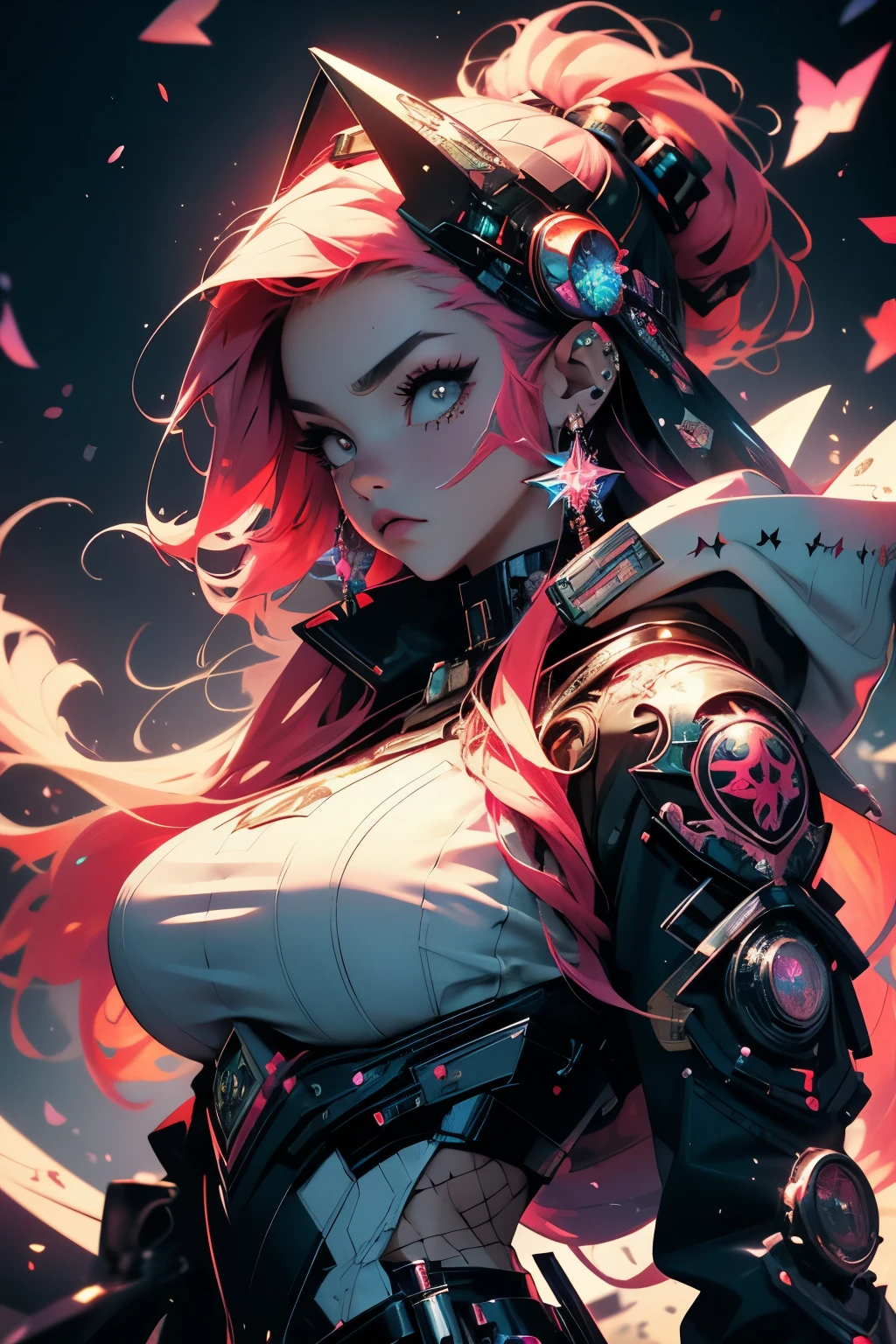 (masterpiece, top quality, best quality, official art, beautiful, cosmic, atmospheric, psychedelic, dreamlike and aesthetic, the most beautiful and highly detailed Harajuku-inspired hooded cyberpunk battle armor, super huge enormously gigantic tits, tons of tattoos and piercings:1.2), (1girl, red hair), extreme detailed,(fractal art:1.3),colorful,highest detailed, cherry blossoms blowing in the wind 