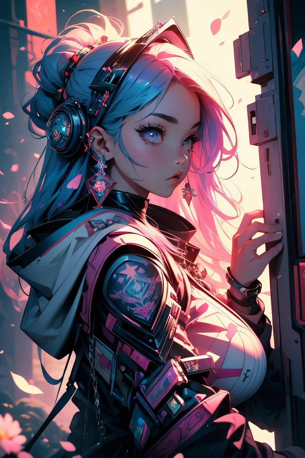 (masterpiece, top quality, best quality, official art, beautiful, cosmic, atmospheric, psychedelic, dreamlike and aesthetic, the most beautiful and highly detailed Harajuku-inspired hooded cyberpunk battle armor, super huge enormously gigantic , tons of tattoos and piercings:1.2), (1girl), extreme detailed,(fractal art:1.3),colorful,highest detailed, cherry blossoms blowing in the wind 