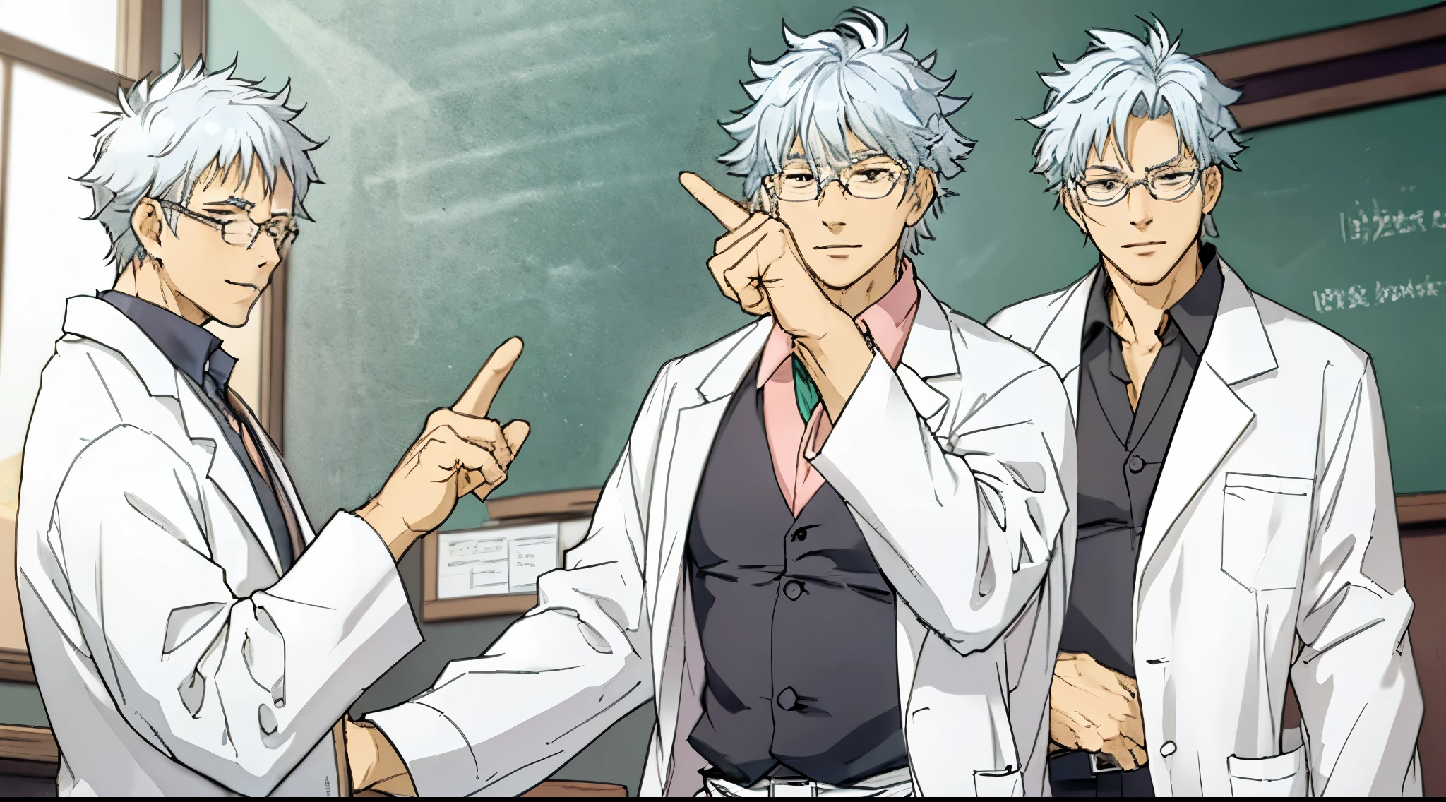 Silver haired teacher wearing lab coat and medical glasses, he is showcasing facial expressions and hand gestures