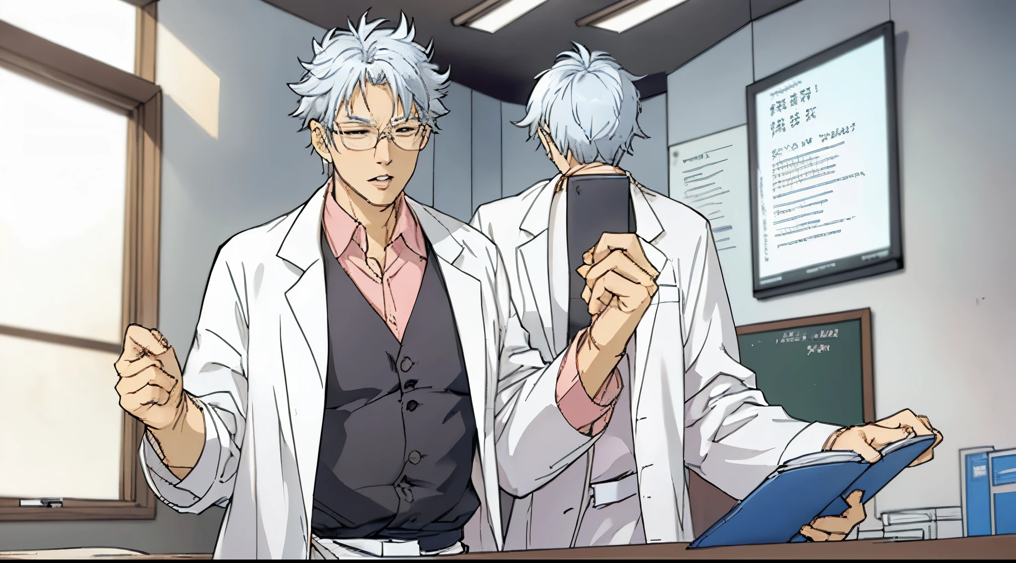 Silver haired teacher wearing lab coat and medical glasses, he is talking and moving his lips
