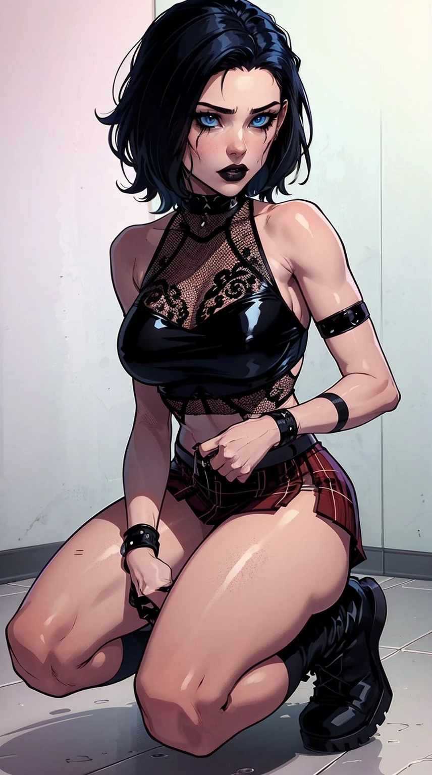 a woman with short black hair, hair on shoulders,  wearing a black cropped  and plaid skirt, blue eyes, zombie art, gothic art, cute aesthetic with vibe, toon aesthetic, wearing red costume, wearing gothic accessories, look like Cassie Hack, whole body, on his knees  ,on his knees holding a skull in his hand, white background