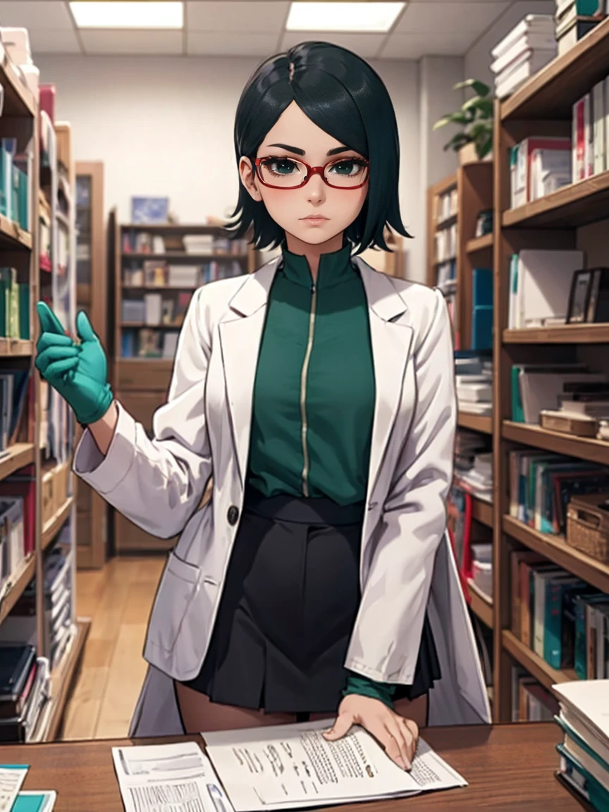 ((Sarada Uchiha with short hair, (black eyes) and red glasses)). (((She is wearing a white coat, dark turquoise green wool blouse, and black satin skirt, small))). ((She is in a doctor's office with shelves with medicines and a table with documents)). (She has a stethoscope). Intricate details, rich colors and a sense of grandeur,  adorned and characterized by complex details, with rich colors and provides a feeling of grandeur. White gloves