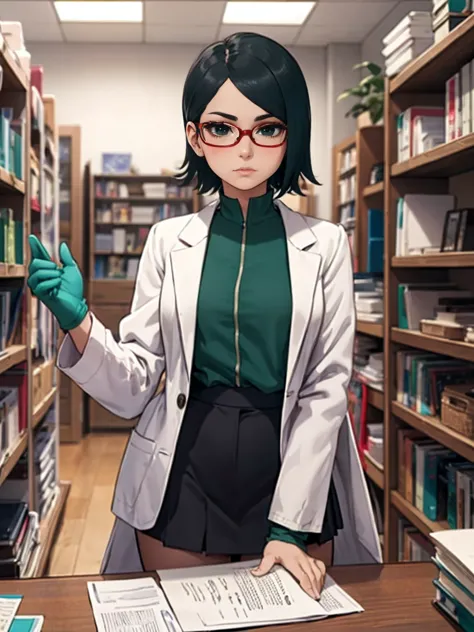 ((Sarada Uchiha with short hair, (black eyes) and red glasses)). (((She is wearing a white coat, dark turquoise green wool blous...