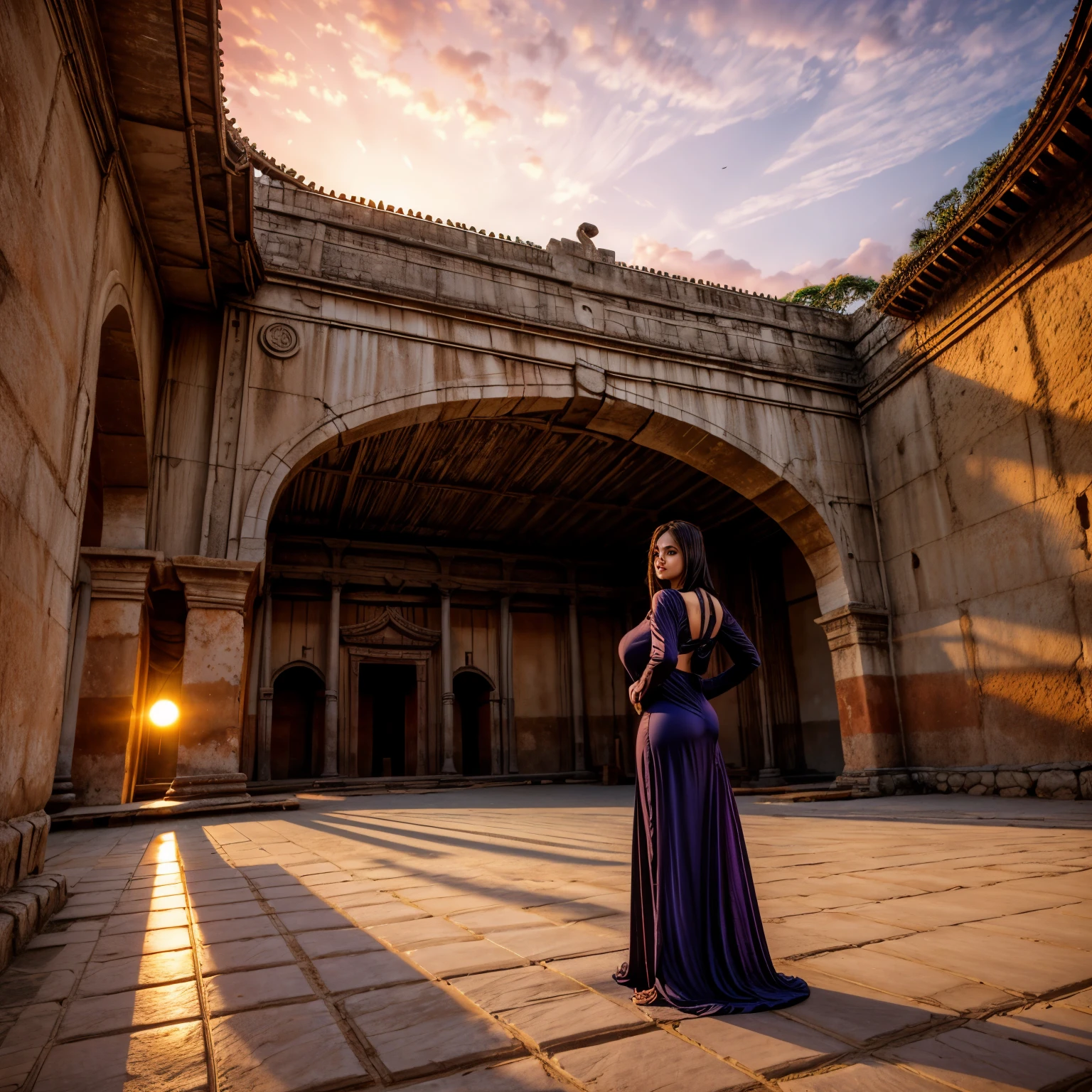 Ancient City at Sunset, young beautiful woman in long dress fashion, full body shot, back view from below, giga_busty, gigantic breasts