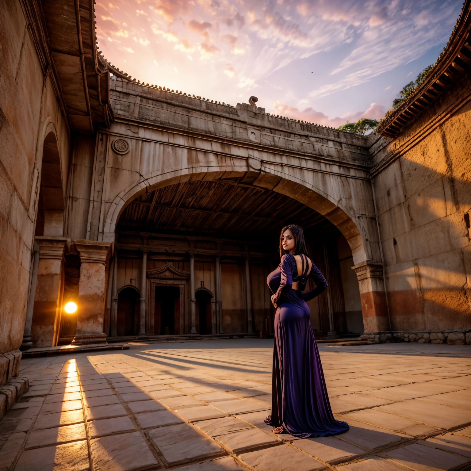 เมืองโบราณยามพระอาทิตย์ตกดิน, หญิงสาวสวยในชุดเดรสยาว, ยิงเต็มตัว, มุมมองด้านหลังจากด้านล่าง, สูง_นมโต, สูงntic breasts