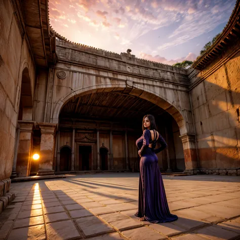 Ancient City at Sunset, young beautiful woman in long dress fashion, full body shot, back view from below, giga_busty, gigantic ...
