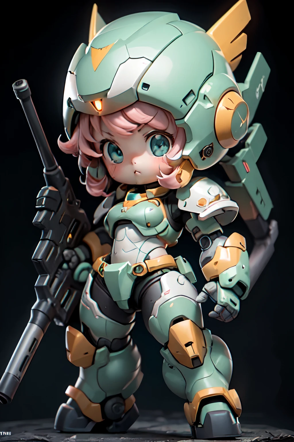 BJ_Cute_Mech, 1girl, solo, blush, blue_eyes, holding, closed_mouth, standing, full_body, weapon, pink_hair, chibi, holding_weapon, armor, aqua_eyes, gun, helmet, black_background, clenched_hand, holding_gun, mecha_musume, power_armor,
cinematic lighting,strong contrast,high level of detail,Best quality,masterpiece,White background,