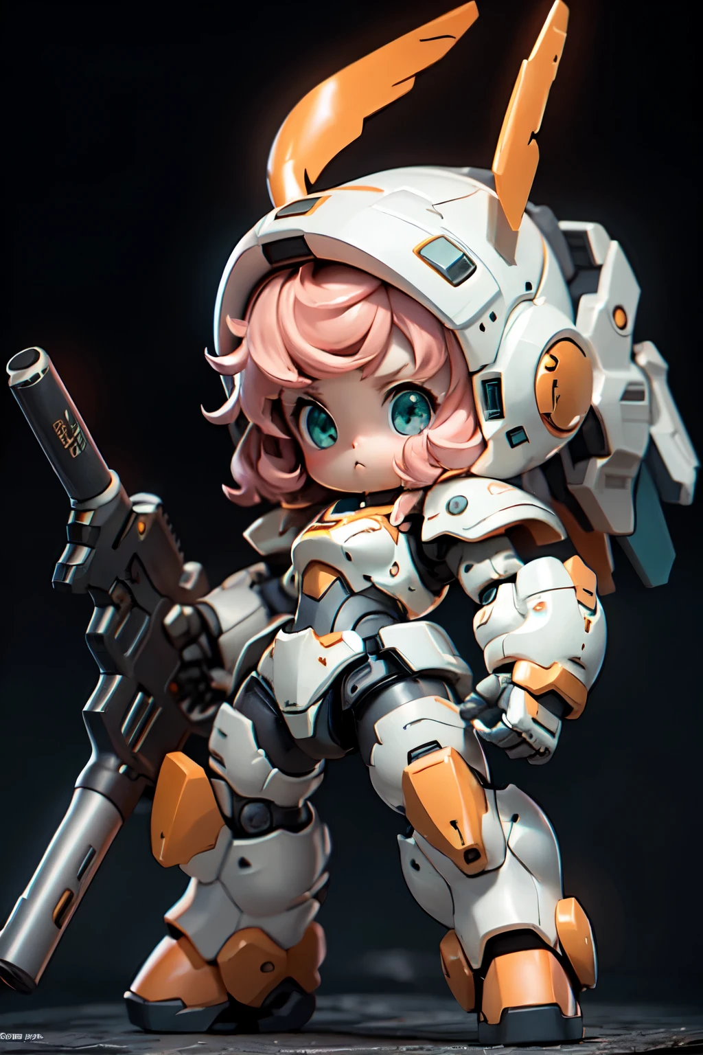 BJ_Cute_Mech, 1girl, solo, blush, blue_eyes, holding, closed_mouth, standing, full_body, weapon, pink_hair, chibi, holding_weapon, armor, aqua_eyes, gun, helmet, black_background, clenched_hand, holding_gun, mecha_musume, power_armor,
cinematic lighting,strong contrast,high level of detail,Best quality,masterpiece,White background,