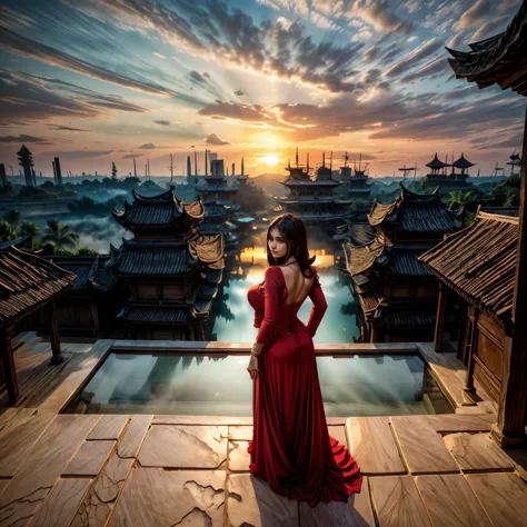 red long dress,  back view from below