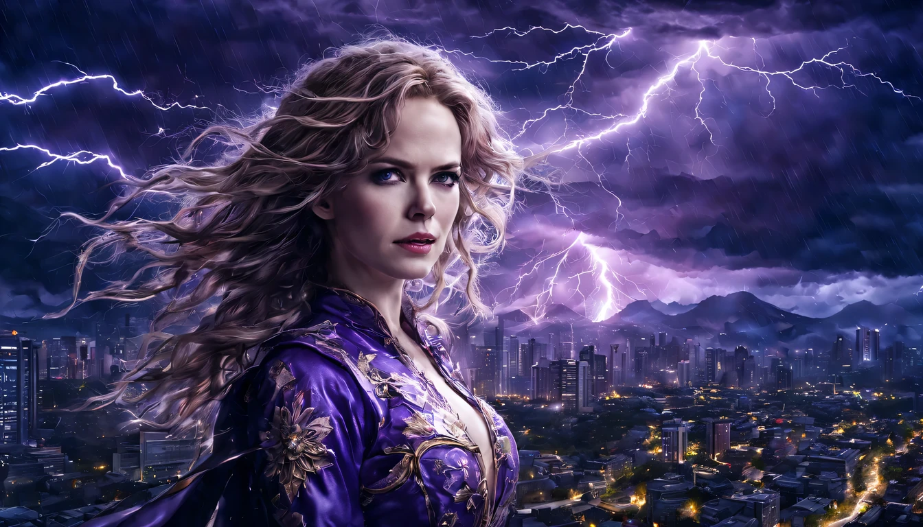 Uma jovem garota de corpo inteiro (Nicole Kidman), Zenistu, e com roupas Vermelhas e brancas, Purple and White Lightning, cabelos brancos, Purple eyes, Sky Lightning, Fio Eletroluminescente, magic sparks, enchanted magical fantasy. Peach Blossom Land, heaven, Jogo CG, Hand Painted Style, 8k, Ultra HD | |, arte digital conceitual, Azure azul e cinza,(Very detailed, A huge amount of purple lightning shot out from the girl&#39;the hand and hit the city, lightning clouds, Atmospheric lightning, Pink Lightning, with thunderstorms, Tempestade escura with lightning bolts, Dramatic purple lightning, raios no heaven, contrast lightning, trovoada no heaven, lightning in the background, with lightning bolts, Reasonable design, linhas claras, Alta nitidez, melhor qualidade, master part, 4k ).
