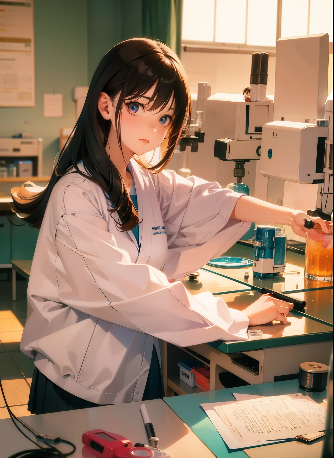 Anime girl with stirring stick and frass, working in her science lab, clean detailed anime art, Cute girl anime visual, anime girl drinks energy drink, Gwaites style artwork, experimenting in her science lab, detailed digital anime art, a surreal , Smooth anime CG art, surreal , digital anime illustration