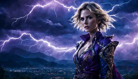 uma jovem garota de corpo inteiro (charlize theron), zenistu, e com roupas vermelhas e brancas, purple and white lightning, cabe...