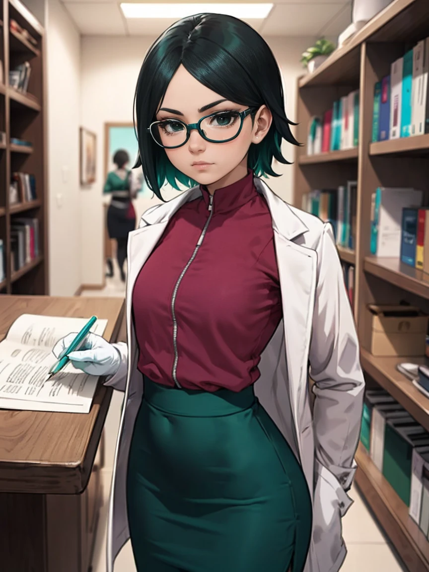 ((Sarada Uchiha com cabelo curto, (olhos pretos) e red glasses)). (((ela está usando um jaleco branco, (blusa de lã verde turquesa escura), e (saia lápis de cetim preta), pequeno))). ((She is in a doctor's office with shelves with medicines e a table with documents)). (Ela tem um estetoscópio). detalhes intrincados], rich colors e a sense of greeur,  adorned e characterized by complex details, with rich colors e provides a feeling of greeur. luvas brancas. posando para uma foto