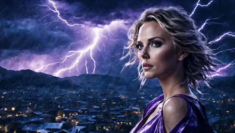 uma jovem garota de corpo inteiro (charlize theron), zenistu, e com roupas vermelhas e brancas, purple and white lightning, cabe...