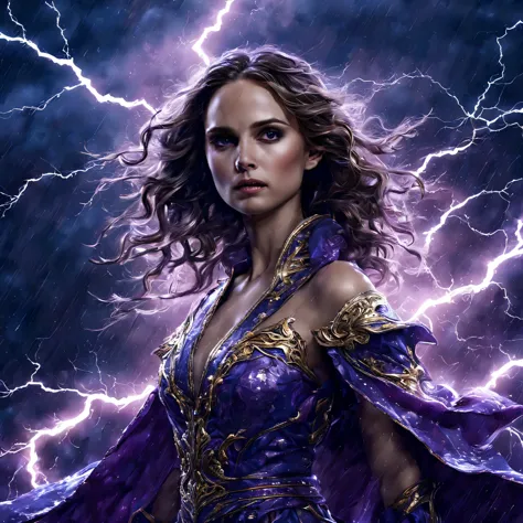 Uma jovem garota de corpo inteiro (Natalie Portman), Zenistu, e com roupas Vermelhas e brancas, Purple and White Lightning, cabe...