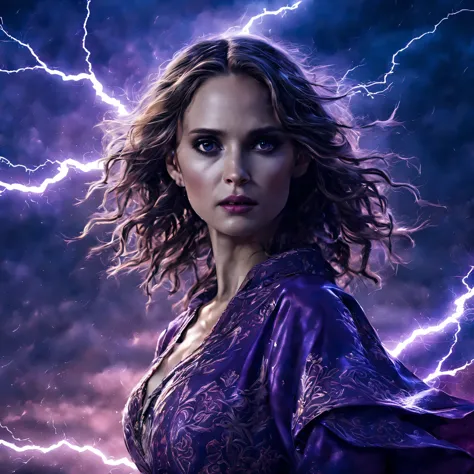 uma jovem garota de corpo inteiro (natalie portman), zenistu, e com roupas vermelhas e brancas, purple and white lightning, cabe...