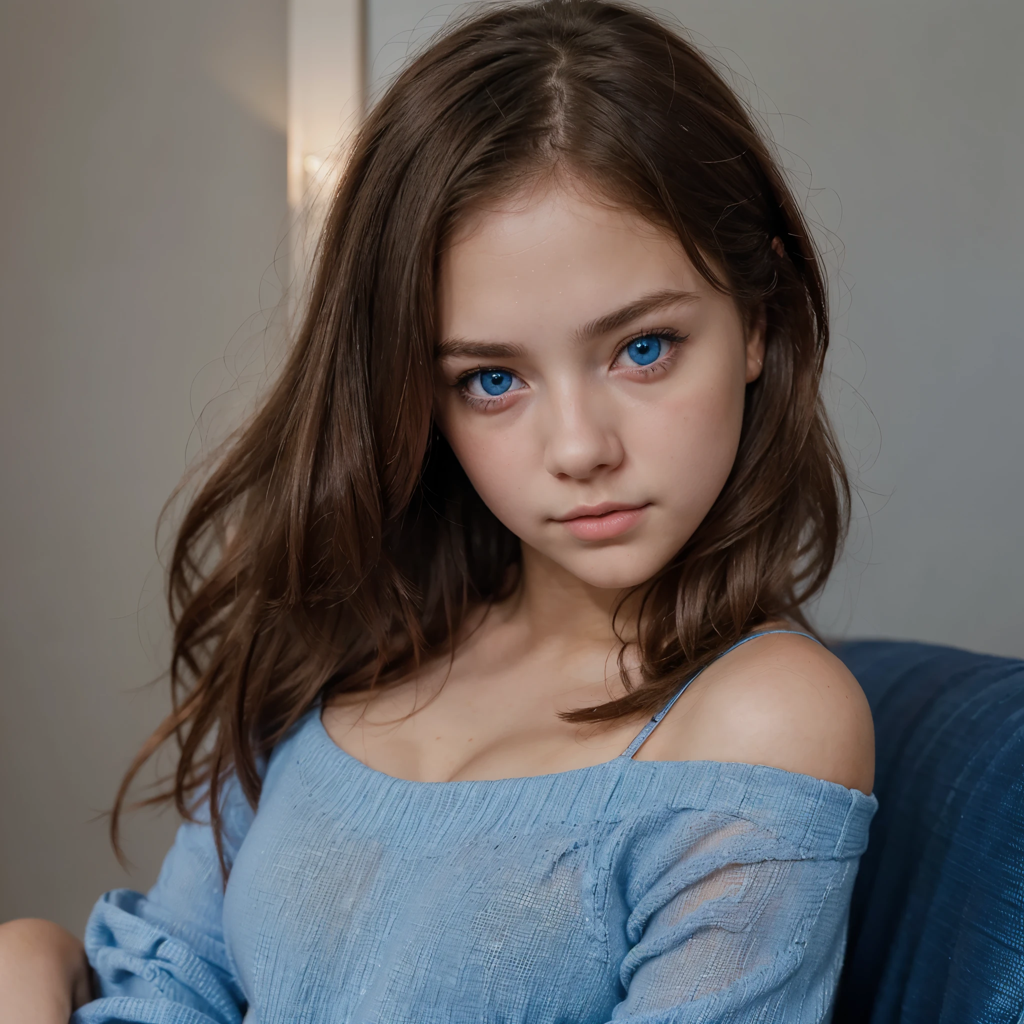 A close up of a young girl with blue eyes sitting on a couch - SeaArt AI