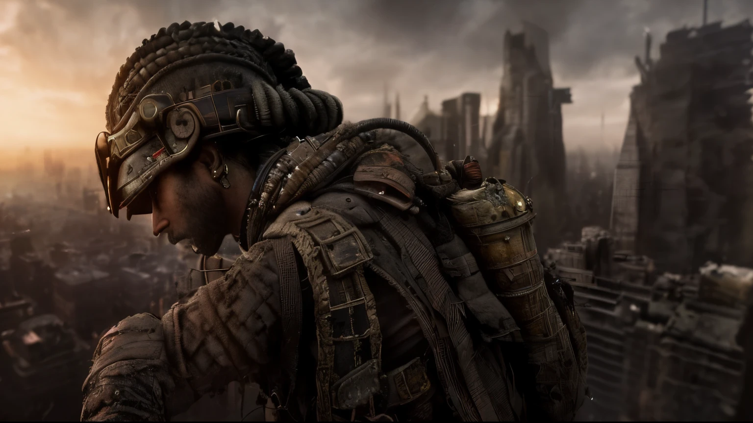 (post apocalyptic destroyed city landscape:1.1)(solo (male:1.2) Yautja survivor predator (standing on roof of skyscraper looking over the city:1.2) ( holding bloody spine with skull in hand:1.1)1.1) smiling,strong man, high quality, high detail, 16k UHD, unreal, stylistic, (Extremely Detailed Oil Painting:1.2), glow effects, godrays, Hand drawn, render, 8k, octane render, cinema 4d, blender, dark, atmospheric 4k ultra detailed, cinematic sensual, Sharp focus, humorous illustration, big depth of field, Masterpiece, colors, 3d octane render, 4k, concept art, trending on artstation, hyperrealistic, Vivid colors, extremely detailed CG unity 8k wallpaper, trending on ArtStation, trending on CGSociety, Intricate, High Detail, dramatic, detailed skin texture, (blush:0.5), (goosebumps:0.5), subsurface scattering