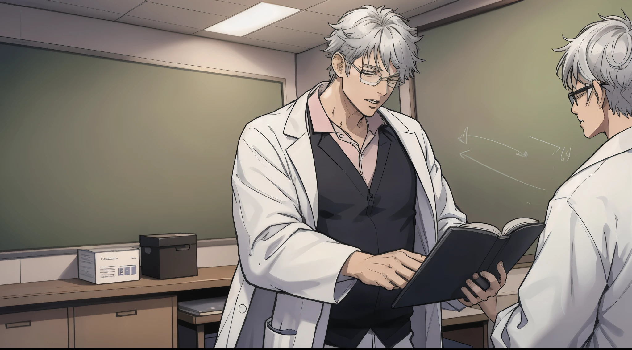 Silver haired teacher wearing lab coat and medical glasses, he is talking and moving his lips