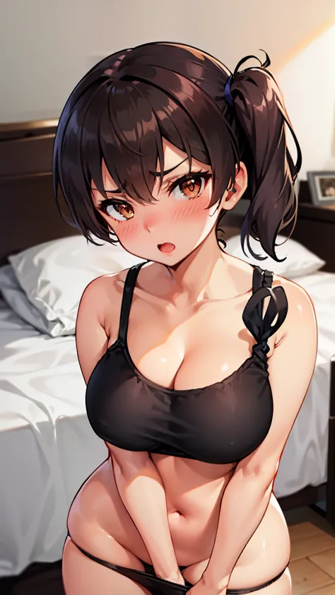 Open mouth, , blush,wide hips,angry,,side ponytail,kaga（kancolle）,on bed,,blush,standing,black hair,cleavage