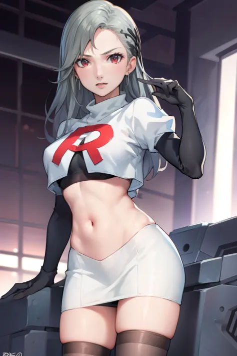 saep5, 1girl, team rocket uniform, red letter r, white skirt,white crop top,black thigh-highs,black elbow gloves