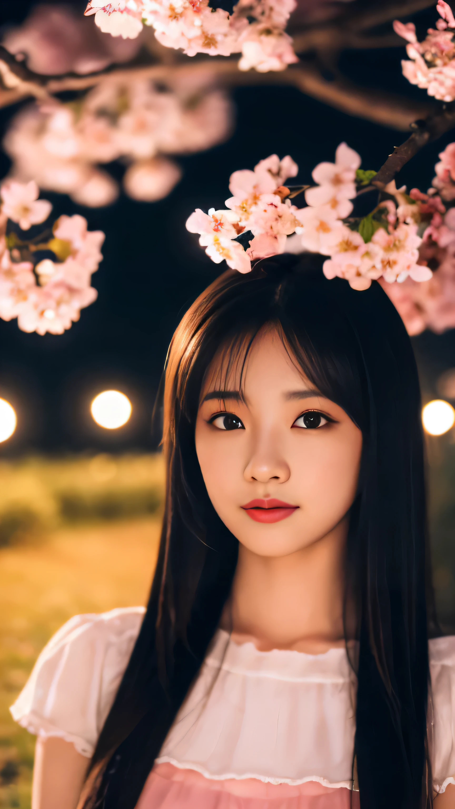 masterpiece, best quality, night, mountain, full moon, long black hair, woman, firefly, stars, mysterious cherry blossom tree, pink leaves, high quality, beautiful graphics, high detail