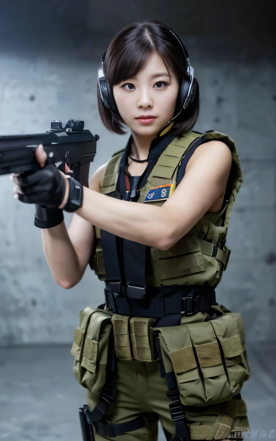 ((Best Quality, 8K, Masterpiece: 1.3)), ((best quality)), photorealistic, photorealism, Photorealistic, high resolution, 1girl aiming with an ak-47 assault rifle, Combat pose, looking at the camera, (Detailed face), short hair, (wearing red rubber suit, tactical vests, military harness, black gloves, high-tech headset), cloths color based on black dark blue), revealed thigh, Gun, Fingers are occluded, concrete wall background,