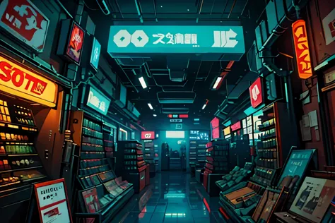 inside a gun store, cyberpunk, no people, no person, no human, at night