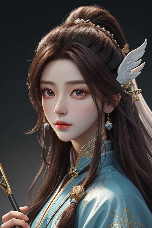 Close-up of a woman with brown hair and a brown mask.，beautiful character drawings，Chinese immortal，Yang Guifei,Fan Bingbing, Angel style，Gouwiz，Gouwiz-style artwork，silver haired god，Yang J.，Great and beautiful character art，Amazing character art，Fan Qi，Wu Junshifan，Guvitz at Pixiv Art Station