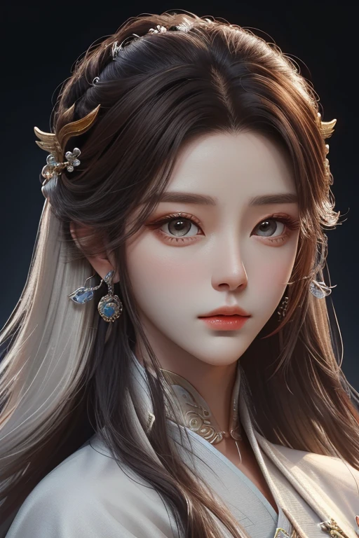 Close-up of a woman with brown hair and a brown mask.，beautiful character drawings，Chinese immortal，Yang Guifei,Fan Bingbing, Angel style，Gouwiz，Gouwiz-style artwork，silver haired god，Yang J.，Great and beautiful character art，Amazing character art，Fan Qi，Wu Junshifan，Guvitz at Pixiv Art Station