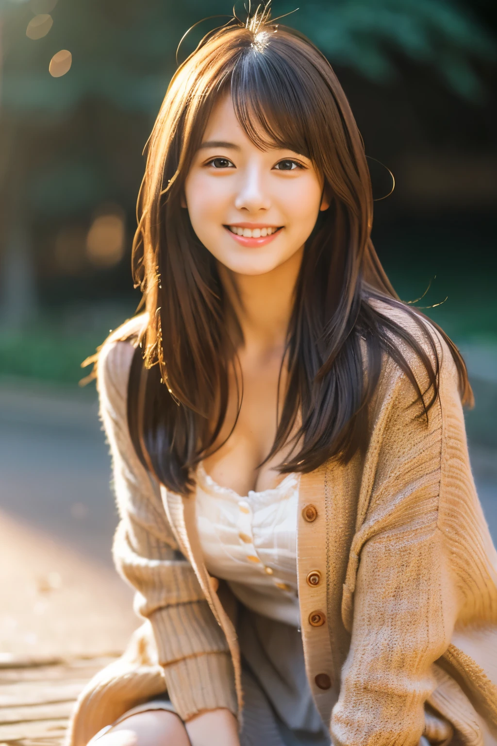 best quality ,masterpiece,ultra high res, very beautiful, kawaii, (photo realistic:1.4), 1girl, Japanese, above the knee, long hair, brown hair, looking at viewer, cleavage, smiling, wearing cardigan, outdoors, Cinematic, 35mm lens, f/ 1. 8, accent lighting, 8k,