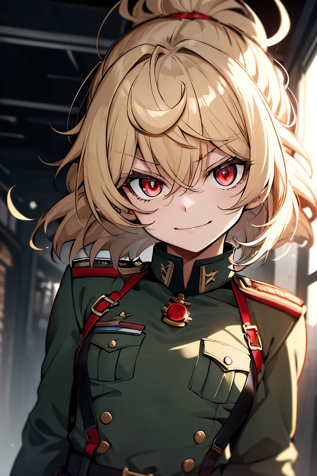 (masterpiece, best quality: 1.1), 1girl solo, tanya, 1girl, solo, , flat chest, small breasts, curvy, military, military uniform, ,, evil smile, wicked expression, anger, red eyes, neutral lighting