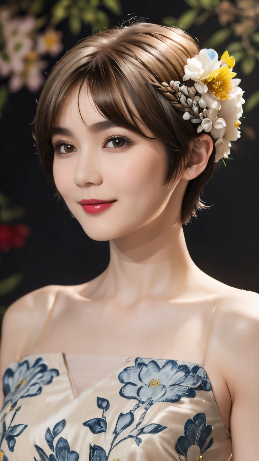 152
(20 year old woman,floral pattern dress), (Super realistic), (high resolution), ((beautiful hairstyle 46)), ((short hair:1.46)), (gentle smile), (brest:1.1), (lipstick)
