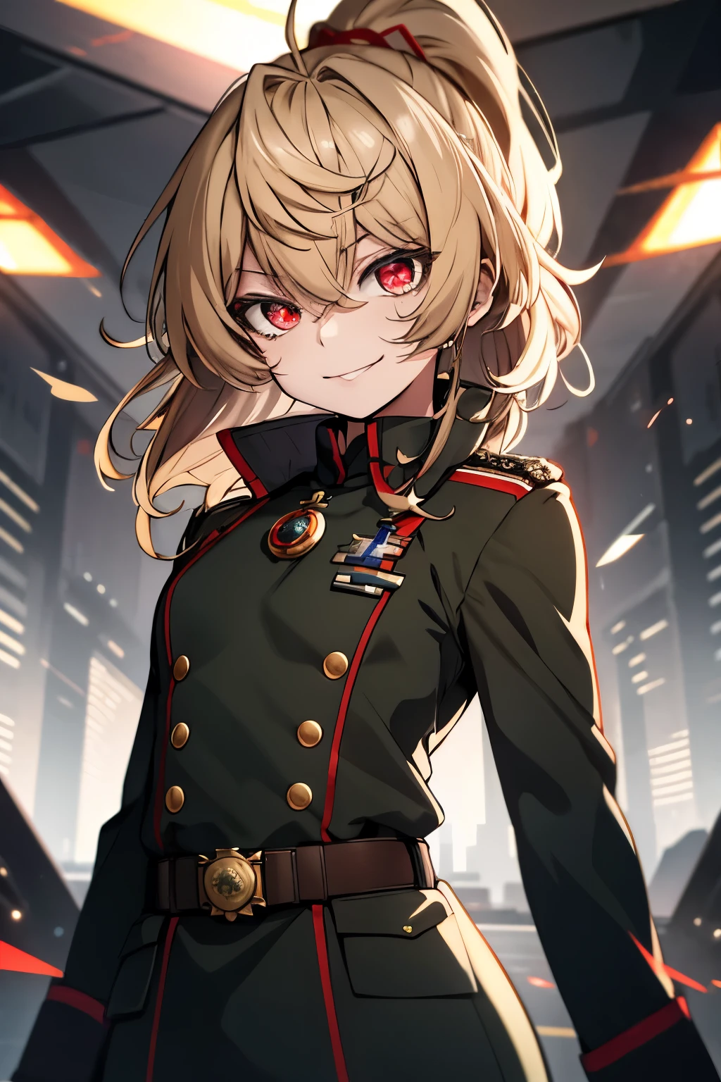 (masterpiece, best quality: 1.1), 1girl solo, tanya, 1girl, solo, , flat chest, small breasts, curvy, military, military uniform, ,, evil smile, wicked expression, anger, red eyes, neutral lighting