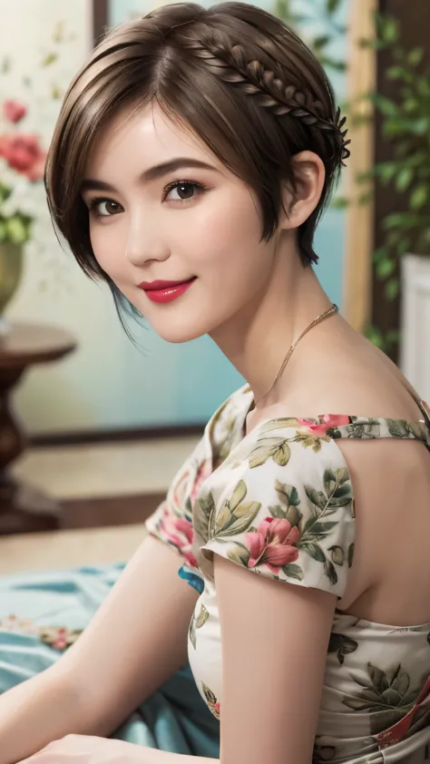 152
(20 year old woman,floral pattern dress), (Super realistic), (high resolution), ((beautiful hairstyle 46)), ((short hair:1.4...