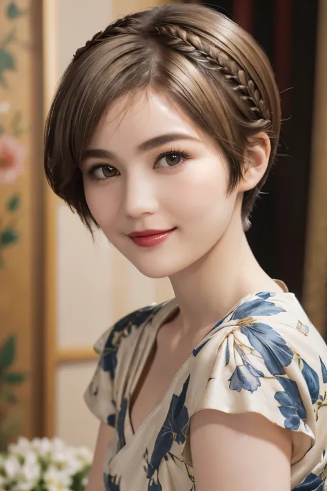 152
(20 year old woman,floral pattern dress), (super realistic), (high resolution), ((beautiful hairstyle 46)), ((short hair:1.4...