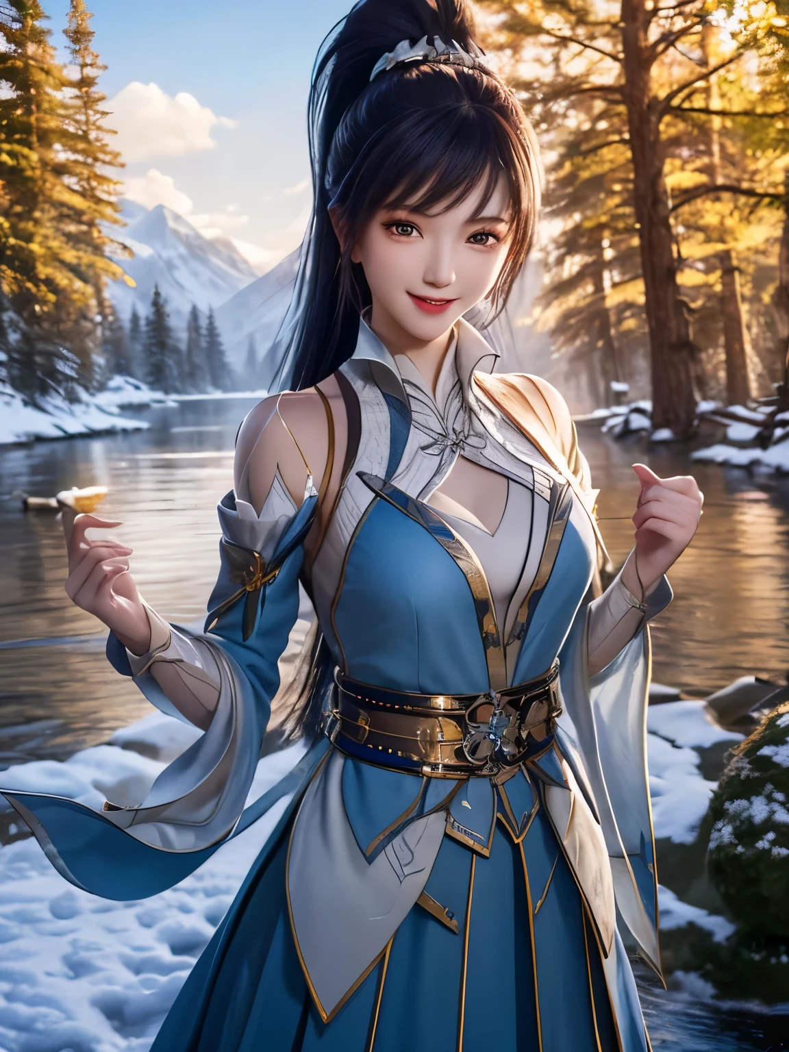 masterpiece,best quality,official art,extremely detailed CG unity 8k wallpaper,,1girl,seductive smile, light rays,bound torso, hanging,pleated skirt, belt buckle, high ponytail, upper body,,water, river, mountain, tree, flower,snowing, snow shelter,