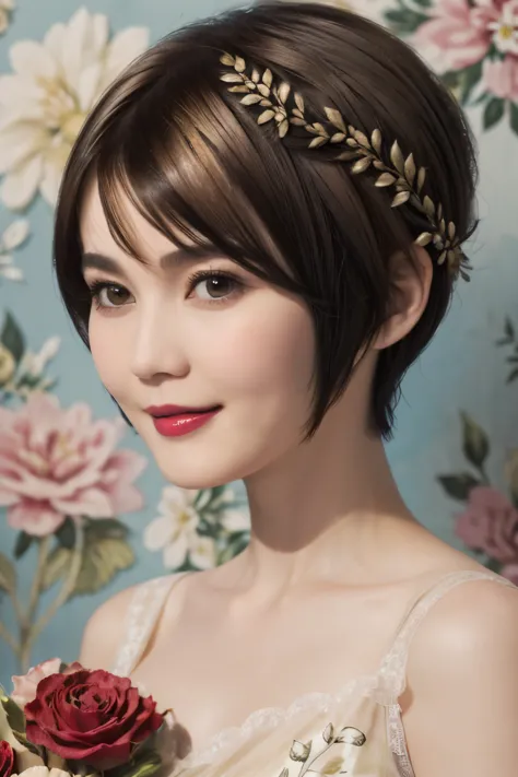 152
(20 year old woman,floral pattern dress), (Super realistic), (high resolution), ((beautiful hairstyle 46)), ((short hair:1.4...