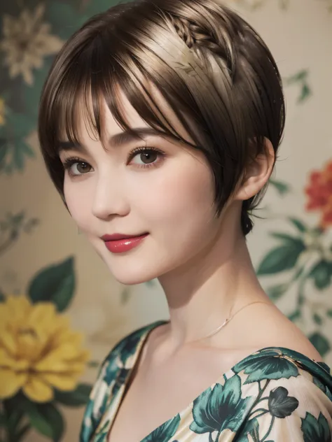 152
(20 year old woman,floral pattern dress), (super realistic), (high resolution), ((beautiful hairstyle 46)), ((short hair:1.4...