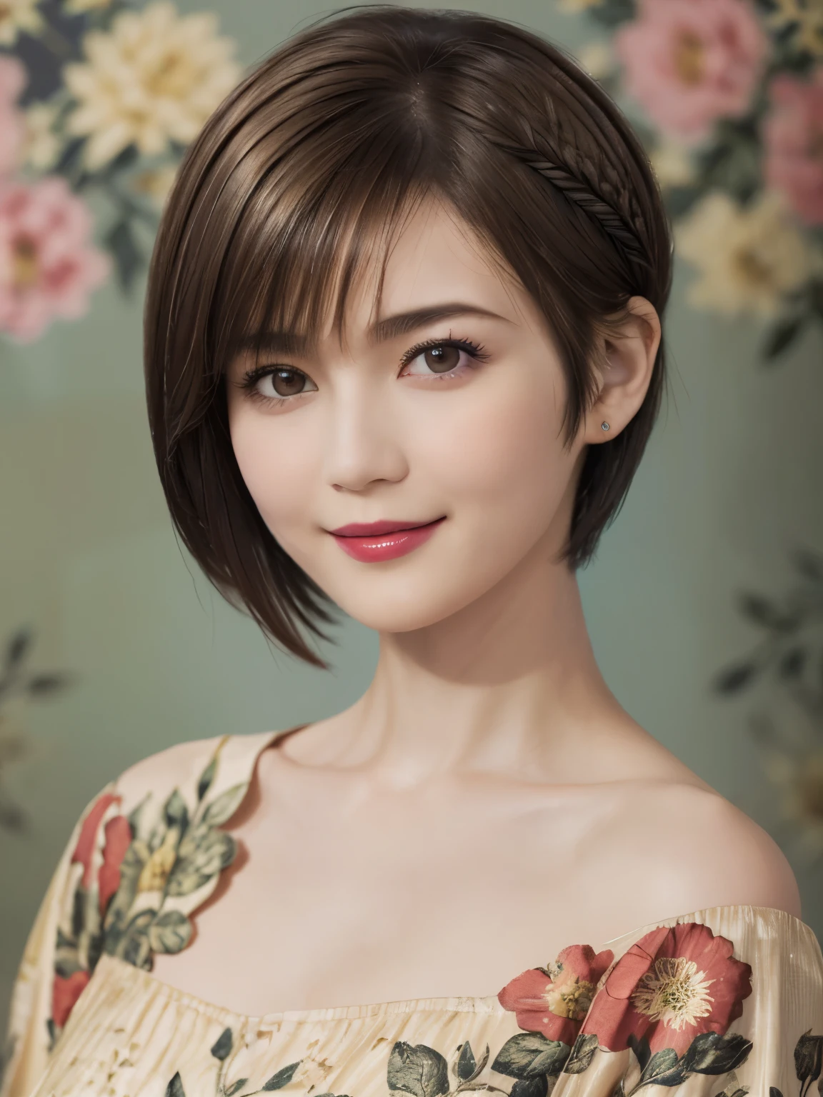 152
(20 year old woman,floral pattern dress), (Super realistic), (high resolution), ((beautiful hairstyle 46)), ((short hair:1.46)), (gentle smile), (brest:1.1), (lipstick)
